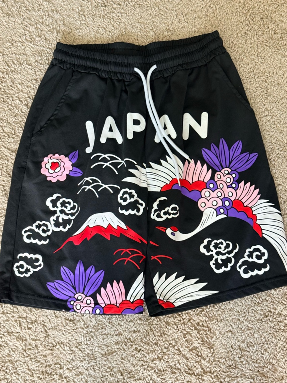 SHEIN Black Japan Graphic Athletic Shorts with Red, Purple & Pink Accents